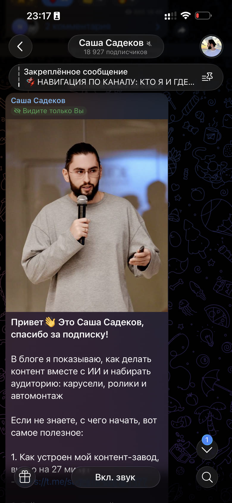 Мой Телеграм-канал: 18 927 подписчиков, закреп и приветственный пост